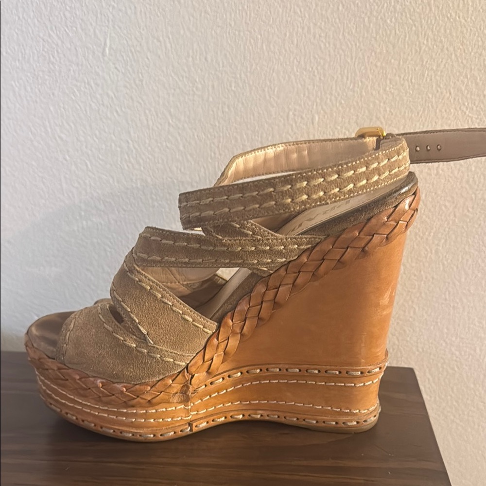 Prada Tan Woven Wedge Sandals with Ankle Strap